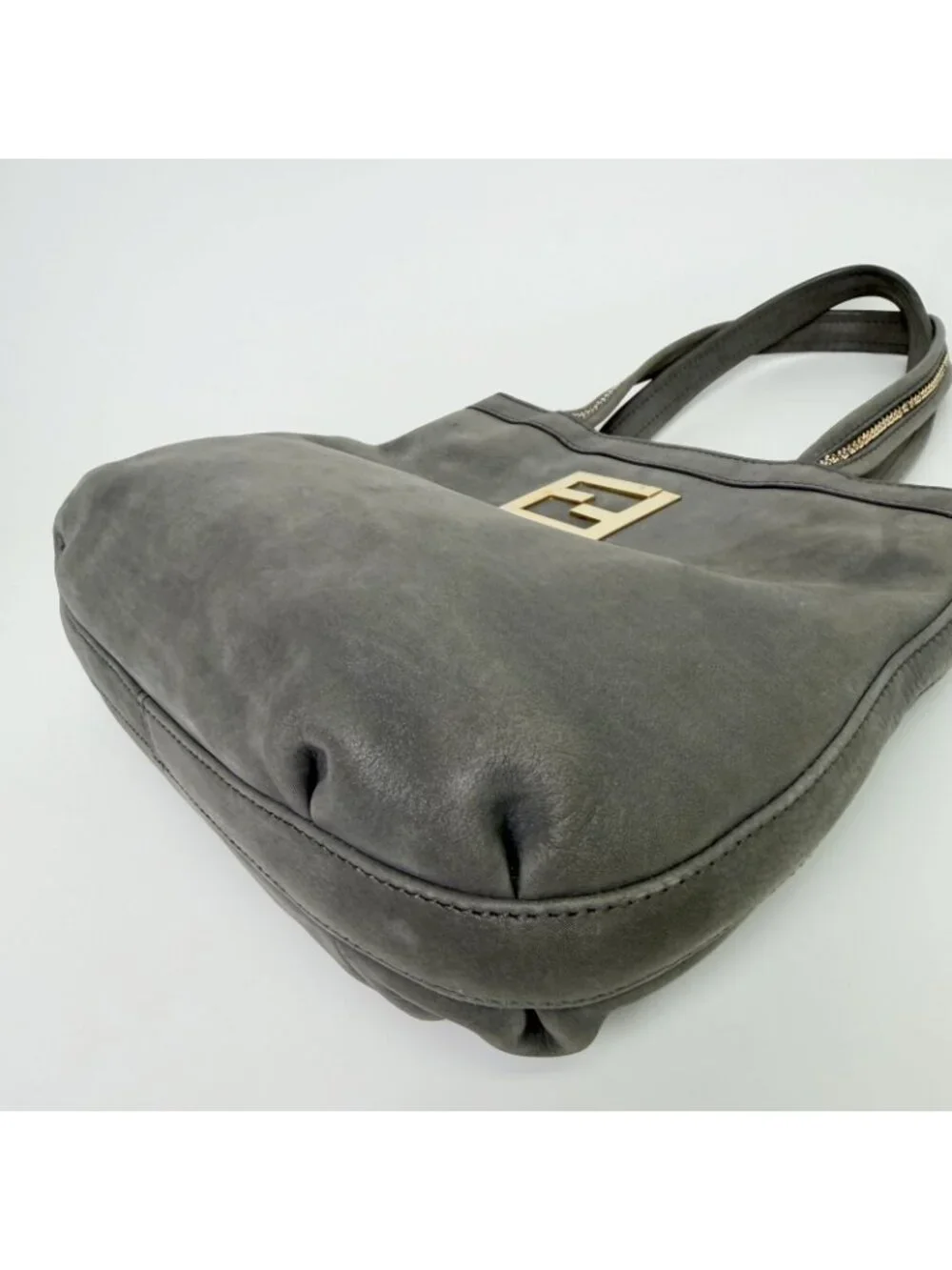 Fendi Nubuck FF Chain Tote Bag Leather Gray Gold Vintage